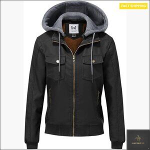 Faux Leather Bomber Jacket Waterproof Motorcycle Biker Coat Fleece Lined